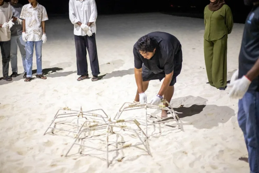Dhiraagu and Soneva CSM representatives at the partnership event for the Dhirun Community Coral Regeneration Programme in Dharavandhoo